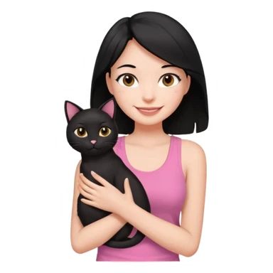 pretty woman with black hair and brown eyes, wearing a pink tank top, holding a black cat, smiling sticker