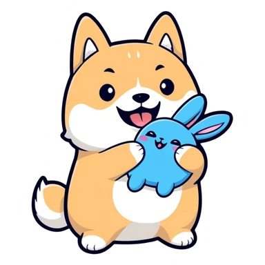 chubby black shiba inu with blue bunny plush in mouth, happy expression, cheese scent implied, cartoon sticker style sticker