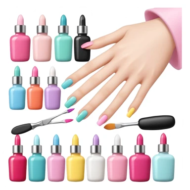 Minimalist nail art sticker pack featuring a cute female nail artist, nail tools like brushes and files, colorful nail polish bottles, small decorated nails, simple and clean design, pastel colors, kawaii style, delicate and charming, high-resolution, perfect for nail stickers sticker