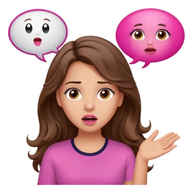 girl with long wavy brown hair, brown eyes, light to medium complexion, in a pink shirt, pink lips, long lashes, surprised, wow speech bubble sticker