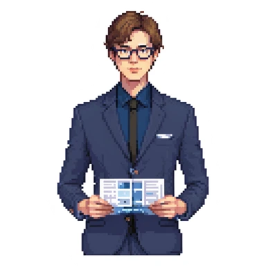 Flat pixel art, focused and reserved male architect, American, Caucasian features, short sleek brown hair, wearing glasses, wearing a deep indigo suit jacket over a black shirt, holding a blue print, waist-up, front-facing sticker