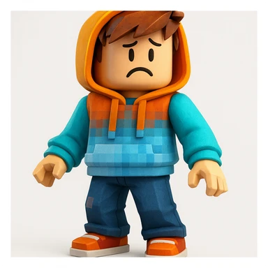 Edit the character in the reference image to have a confused expression, keeping the original Roblox style, outfit, and face color exactly as in the reference image. sticker