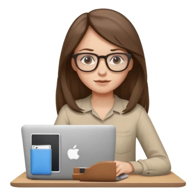 Girl in glasses,brown long hair, beige shirt, sitting with gray MacBook sticker
