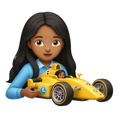  long black haired black girl kid playing yellow colored formula 1 car toy sticker