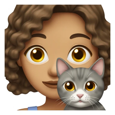 pretty wavy brunette woman with brown eyes holding grey cat sticker