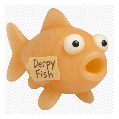 Soften the color of the bright orange fish, make the 'Derpy Fish' writing on the masking tape slightly more sloppy, and have the tape look torn and partially peeling off, not fully stuck on. Adjust the fish so it looks closer to facing the camera. The fish should be somewhat transparent with a retro 90's toy look, derpy eyes, soft plastic appearance, soft reflections, soft and squishy texture, some cloudiness, not shiny, highly detailed and appealing. The masking tape should look realistic, torn, and partially peeling off the fish. Remove the background. sticker