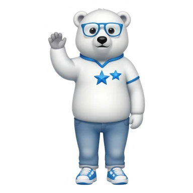 friendly anthropomorphised polar bear standing upright, looking chilled and unbothered, wearing a shirt, jeans, trainers, star-shaped glasses sticker