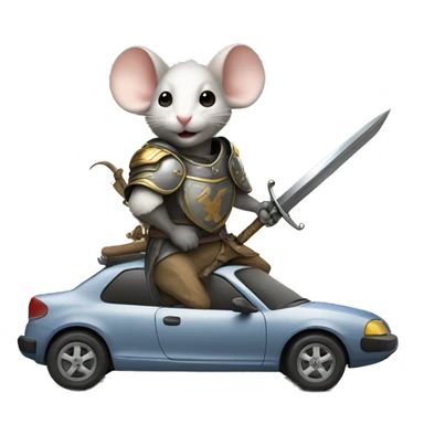 A mouse holding a sword, helmet and shield riding on top of a car  sticker