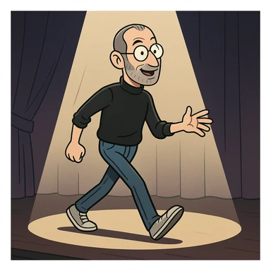 Steve Jobs walking on stage under spotlight, energetic atmosphere, modern illustration style sticker