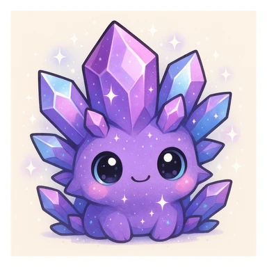 kawaii style crystal sprite creature, mostly purple with blue and pink accents, big eyes, sparkly sticker
