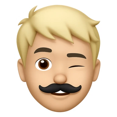 Make the mustache smaller, keep short messy blond hair, emoji style, preserve transparent background, winking. The style should resemble apple style emojis with concise prompt focus. sticker
