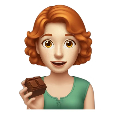 redhead woman with freckle eats chocolate sticker