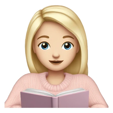 Pretty blue eyed white girl with light pink sweater reading cozy sticker