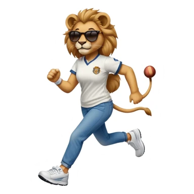 confident anthropomorphised female lion wearing a baseball shirt, jeans, trainers, dark sunglasses, jogging upright, looking self-assured sticker