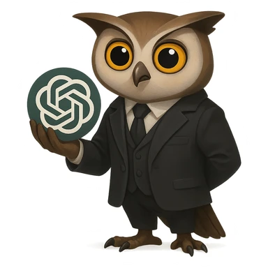 Сова в костюме держит в руках логотип GPT, будто это череп из Гамлета в духе "Быть или не быть, вот в чем вопрос", прозрачный фон sticker