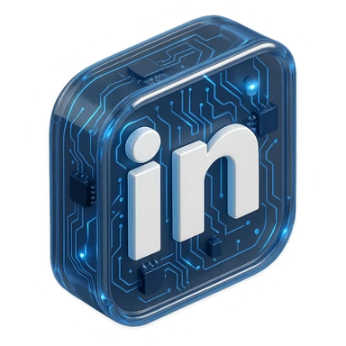 Glossy circuit-themed LinkedIn icon with blue glowing accents, transparent background sticker