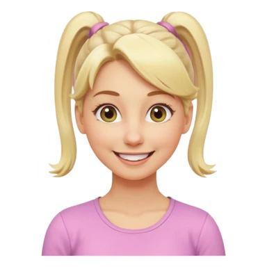 A playful blonde female mature realistic character with wide, mischievous eyes, smiling, ponytail, dynamic pose suggesting movement, pastel colors, minimalistic and cute emoji style. sticker