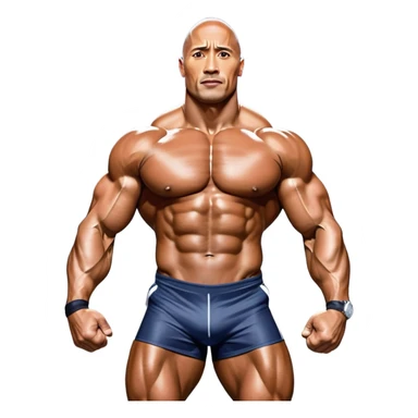 Dwayne 'The Rock' Johnson on stage at the Mr. Universe bodybuilding competition, covered in oil, flexing his powerful muscles. His physique shines under bright stage lights, showcasing his strength and dedication. The audience and judges are blurred in the background. Transparent background. sticker