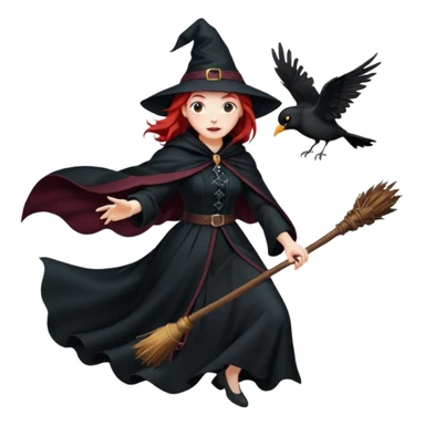 witch with red hair flying , on the background - full moon and black birds, должна лететь на метле sticker