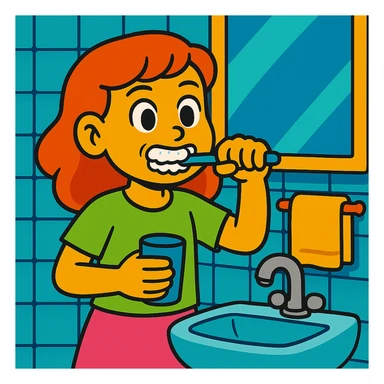Change the scene so the girl is brushing her teeth, holding a toothbrush and brushing her teeth, with a bathroom background instead of the closet, in the same vibrant toon cartoon style. sticker