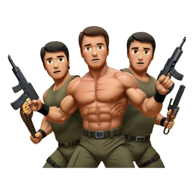 Icon for Action Movie Poster: Close-up collage of Arnold Schwarzenegger in 'Commando' and Sylvester Stallone in 'Rambo,' each in dynamic action poses, surrounded by intense explosions, dramatic lighting, and iconic weapons. Designed like a vintage movie poster. Transparent background. sticker