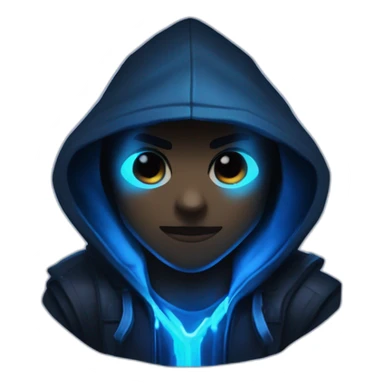 developer behind his laptop with this style : Riot Games Valorant dark blue glowing bright neon blue sparks black hooded assassin themed character sticker
