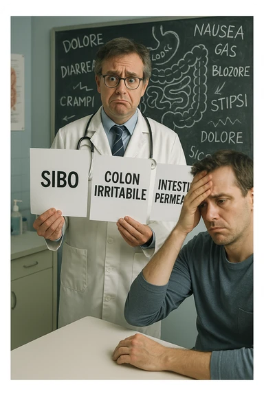 Scena clinica con un medico confuso in camice bianco davanti a un paziente seduto. Il medico ha tre fogli in mano, e li mostra uno alla volta con espressione incerta: il primo dice 'SIBO', il secondo 'Colon Irritabile', il terzo 'Intestino Permeabile'. Il paziente ha un’espressione confusa e scoraggiata, con una mano sulla fronte. Sullo sfondo una lavagna caotica con disegni di intestino e sintomi ovunque. Stile realistico con tocchi ironici, toni freddi da ambulatorio ma con un messaggio visivo forte di incertezza diagnostica. in italiano sticker