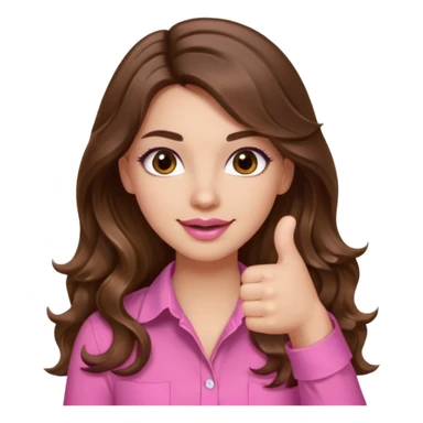 girl with long wavy brown hair, brown eyes, light to medium complexion, in a pink shirt, pink lips, long lashes, thumbs up sticker