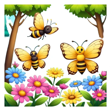 butterfly and bee flying near flowers in a forest, cheerful expressions sticker