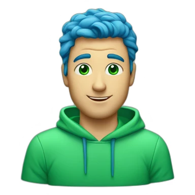 a man, green eyes, blue sweatshirt, green rubies on his head, waves hello sticker