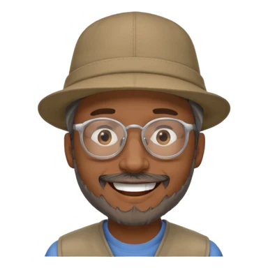 Brown man smiling no teeth showing with hat, clear glasses and gray goatee sticker