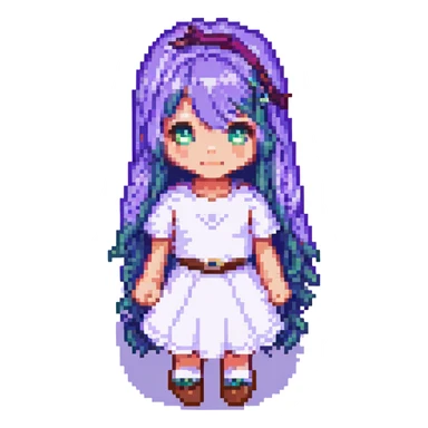 a girl with purple hair, pixel art style sticker