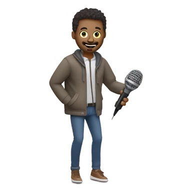question mark man wearing a jacket running to the screen with a podcasting mic on one hand and pencil on another, roundel style background and add some depth sticker