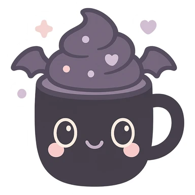 kawaii style gothic mocha, cute face on a black mug, dark purple whipped cream, tiny bat wings, pastel accents, playful yet spooky sticker