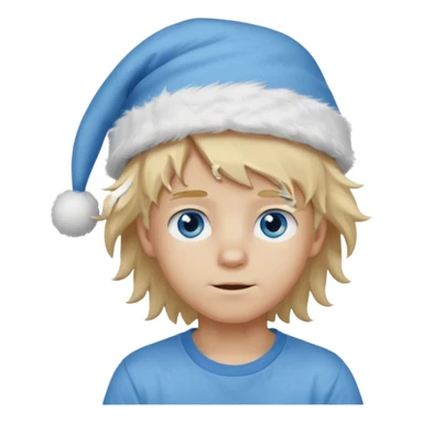 create boy blonde hair long messy, light eyes, white t shirt, rich, long hair, eyes blue, acessory head cristimas blue hat, long hair, fluffy hair sticker