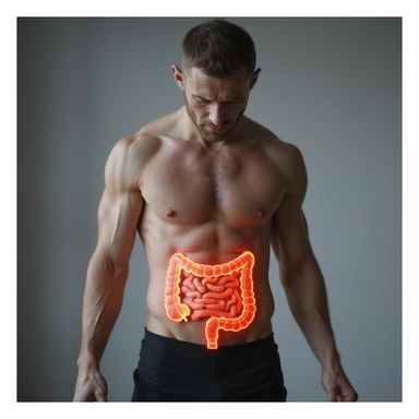 realistic man in sportswear, body showing signs of inflammation: swollen abdomen, reddened skin, intestine highlighted with red areas, atmosphere of discomfort, neutral background, 4K quality sticker