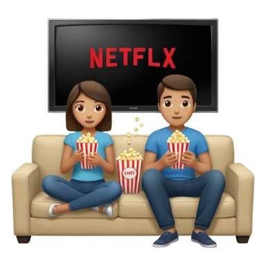 Crea un emoji dove si vedono un uomo e una donna mangiano i pop corn su un divano e guardano la televisione, nella televisione ci deve essere scritto netflix sticker