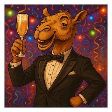 Add a lively party background with streamers and colorful lights, keeping the camel in a tuxedo holding a champagne glass as the focus. sticker