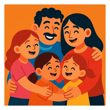 a colorful cartoon style family with dad, mom, and three daughters, all hugging sticker