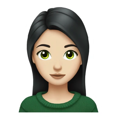 White girl with black hair and green eyes in a black sweater reading sticker