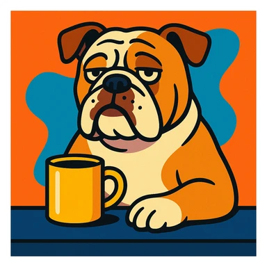 English Bulldog with a coffee mug, looking relaxed and waiting, vibrant cartoon style sticker