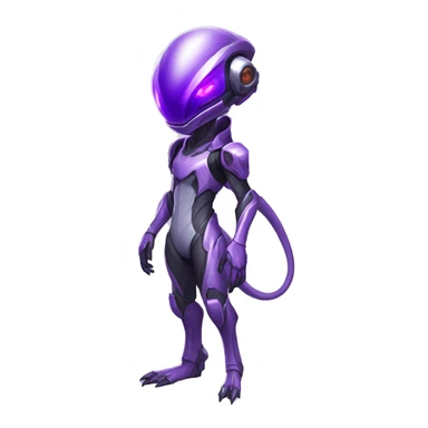 A purple Reptile-Raptor-Alien-Genesect-Mewtwo-Fakémon, with a futuristic visor-helmet, wearing a techwear-suit, Full Body sticker