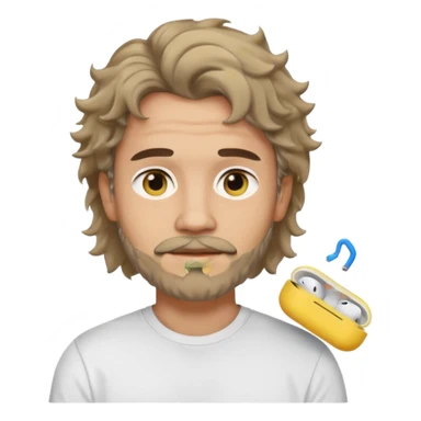 light skin man with a faded beard, wavy hair, and a mullet, wearing a t-shirt and AirPods, emoji style sticker