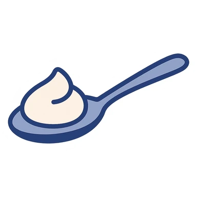 simple spoon with yoghurt, minimal, clean, white and blue sticker