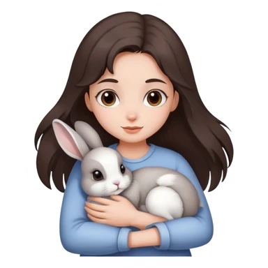 Una chica con pelo cafe oscuro abrazando a su conejo gris con blanco  sticker