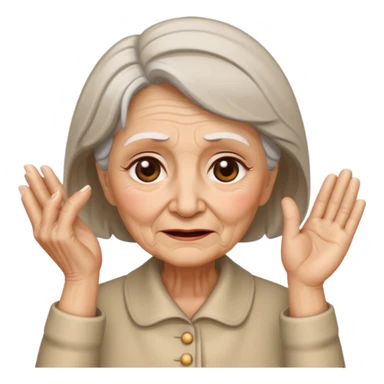 old lady with a headache, wincing, one hand on temple sticker