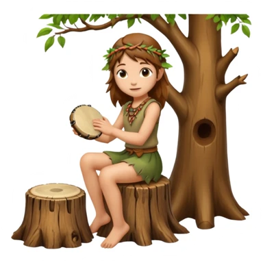 forest spirit girl with short brown mullet playing hand drum, sitting on tree stump sticker