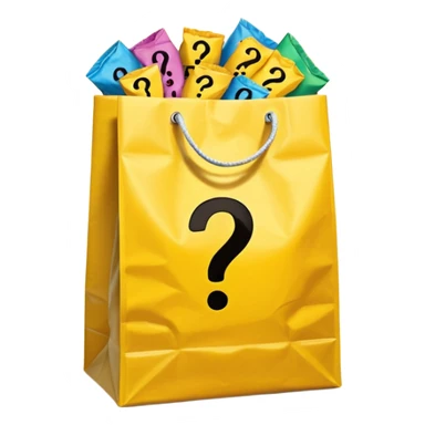 yellow goodiebag with questions mark boxes stuffed in it sticker