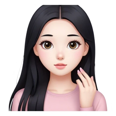 soft pink beauty vlogger girl fair skin with long straight hair. natural makeup like korean girls, black hair sticker