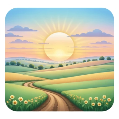 peaceful landscape at dawn, sun rising over fields, pastel sky sticker